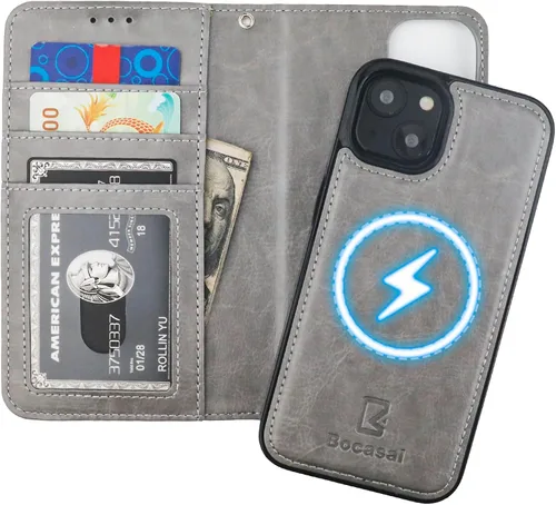 Vista 20 de Bocasal Funda tipo cartera desmontable para iPhone 14 con bloqueo RFID, ranuras para tarjetas, soporte de piel sintética de alta calidad, soporte