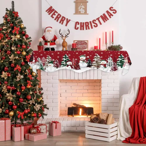 Vista 5 de Bufanda de chimenea de muñeco de nieve de Navidad, diseño de árboles de Navidad rojos, copos de nieve de invierno, bufandas para chimenea, estante