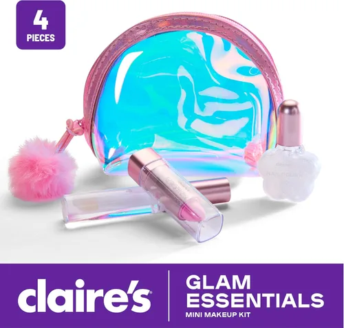 Vista 2 de Claire's Glam Essentials - Kit de maquillaje para niños, juego de cosméticos reales de 4 piezas con mini bolsa, brillo de labios, lápiz labial