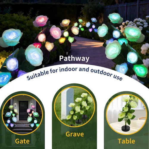 Vista 4 de Solar Flowers Lights- Solar Garden Lights Outdoor Waterproof White Rose, 40 Hours Color Changing Solar Powered Outdoor Decor Yard Patio Pathway
