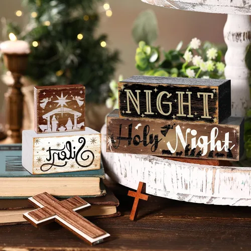Vista 8 de Moucuny 4 Piezas de Decoración de Mesa de Ángel de Navidad, Letrero Decorativo Navideño de Madera, Escena de Nacimiento, Bandeja Escalonada, Centros