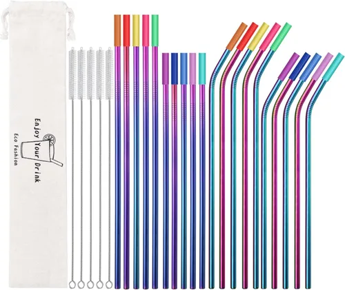 Vista 10 de 20 popotes de acero inoxidable reutilizables de color negro, de 10.5 y 8.5 pulgadas con 20 puntas de silicona, 5 cepillos para pajillas, 1 estuche