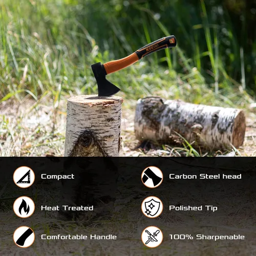 Vista 4 de KSEIBI Hacha de madera, pequeño hacha de campamento al aire libre para dividir y encender madera, hoja de acero forjado con mango antideslizante