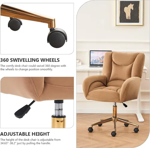 Vista 3 de Silla de escritorio de oficina en casa, cómoda silla de terciopelo ajustable en altura con ruedas y brazos, moderna silla de escritorio con ruedas