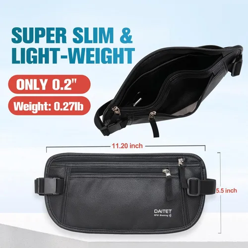 Vista 21 de DAITET Cinturón de dinero, soporte para pasaporte, cartera de viaje oculta segura con bloqueo RFID, riñonera encubierta (negro), Negro, Rfid