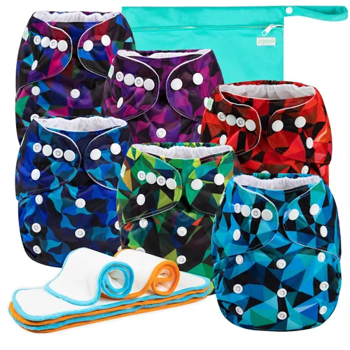 Wegreeco Paquete de 6 pañales de tela con insertos y bolsa para artículos húmedos, pañales lavables y reutilizables para bebés, talla única