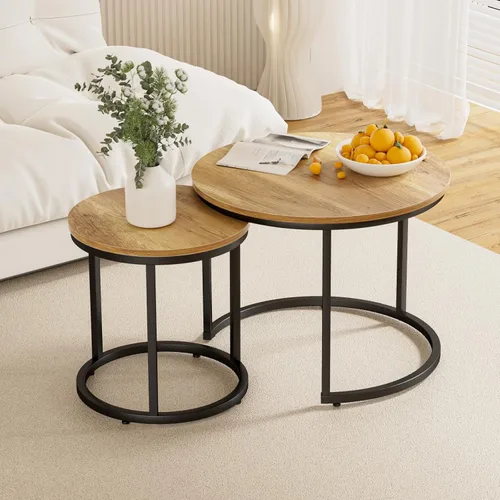 Vista 13 de Smuxee - Juego de 2 mesas de café anidadas, mesa de centro redonda de 23.6" con tapa de grano de madera y pies ajustables antideslizantes, mesa