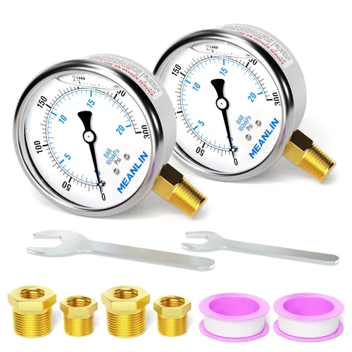 Vista 100 de MEANLIN MEASURE - Manómetro electromecánico de acero inoxidable, relleno de líquido, esfera con cara de 2.5 pulgadas, NPT de 1/4 de pulgada, agua