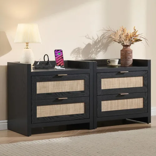 Vista 18 de SICOTAS - Mesa de Noche junto a la Cama - Mesa de Noche de Ratán con Estación de Carga Tipo-C, 2 Cajones de Almacenamiento Mesas de Noche Boho