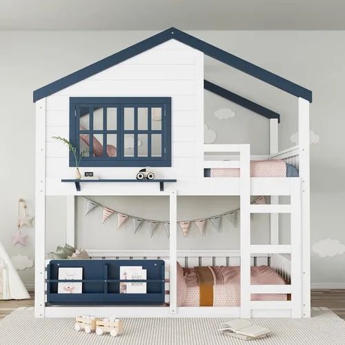 Vista 15 de Harper & Bright Designs - Litera de tamaño individual sobre individual con ventana y techo, literas bajas de madera maciza con estantería, escalera