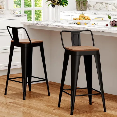 Vista 14 de WENTMENT Juego de 4 taburetes de bar de metal con respaldo extraíble de 24 pulgadas con asiento de madera, color negro