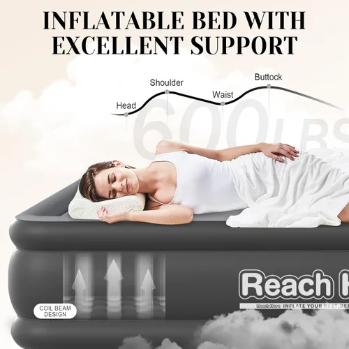 Vista 2 de Colchón de aire matrimonial con bomba incorporada, colchón autoinflable rápido, colchón de aire portátil elevado de 18 pulgadas con bomba integrada