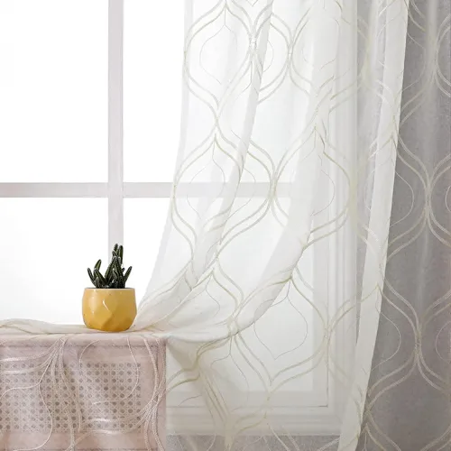 Vista 43 de VISIONTEX Cortinas traslúcidas blancas de 95 pulgadas de largo, juego de 2 paneles de cortinas beige marroquíes bordadas en enrejado, textura