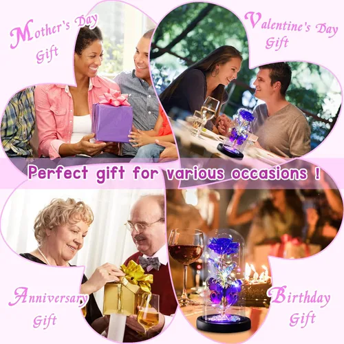 Vista 6 de Greenke Regalos de rosas para el día de San Valentín para ella, rosa mariposa púrpura galaxia en cúpula de cristal, rosa iluminada para siempre