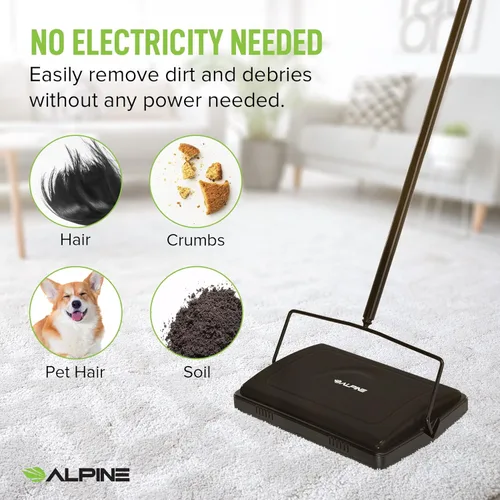 Vista 2 de Alpine - Escobilla manual de alfombras triple – Cepillo de piso inalámbrico no eléctrico multisuperficie, limpiador de pisos de madera dura, fácil