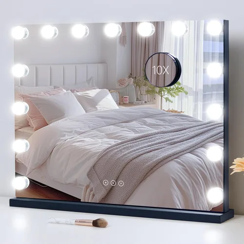 Vista 10 de Espejo de tocador con luces, espejo de maquillaje iluminado con bombillas LED regulables, 3 modos de iluminación de color, puerto de carga USB
