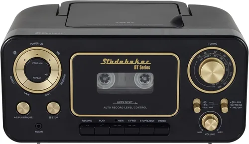 Vista 2 de Studebaker CD estéreo portátil Bluetooth, radio estéreo AM/FM y reproductor de cassette/grabadora (negro y dorado)