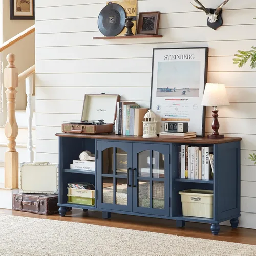 Vista 4 de RWYHG Soporte de TV estilo granja para TV de 60 pulgadas, centro de entretenimiento de madera con estantes ajustables y gabinete de almacenamiento