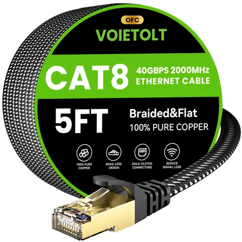 Vista 24 de Cable Ethernet Cat 8 de 1 pie plano, cable de Internet trenzado de alta velocidad de 40 Gbps 2000 MHz con RJ45 chapado en oro SSTP, cable LAN