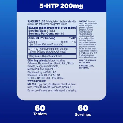 Vista 5 de Natrol Suplemento dietético 5-HTP de 200 mg para apoyar un estado de ánimo equilibrado, 60 tabletas de liberación prolongada, suministro para 60 días