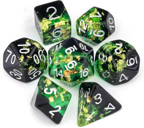 Vista 27 de Haxtec DND Conjunto de Dados 7 Piezas Conjunto de Dados de Resina Negro con Inclusión de Mylar Iridiscente Dados Poliédricos D&D