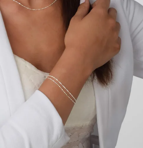 Vista 3 de Pulsera de doble cadena Annika Bella, cadena de mano de 6.5-7.5 pulgadas, pulseras de cadena de plata de ley 925, joyería minimalista para mujer