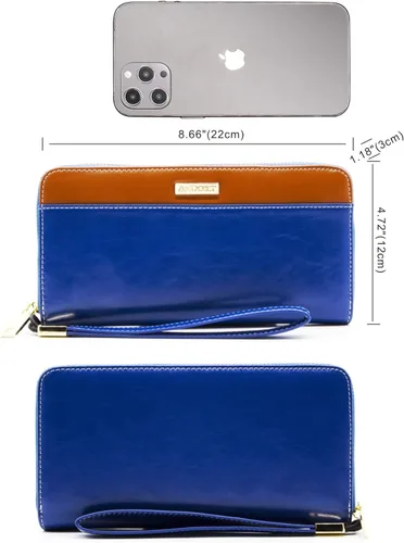 Vista 5 de ANDOILT Cartera de piel auténtica con bloqueo RFID para mujer, con cierre de cremallera, soporte para teléfono celular, bolso de viaje