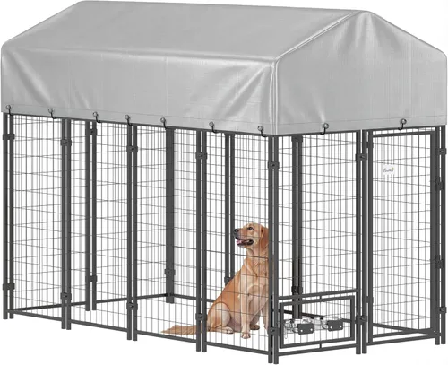 Vista 12 de PawHut Perrera para perros al aire libre de 10 x 10 x 6 pies, alambre soldado con cuencos giratorios de 360°, cubierta impermeable y resistente a