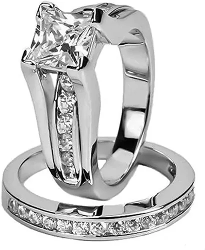 Juego de anillos nupciales de plata de ley 925 de 3 quilates con circonita cúbica de corte princesa para mujer