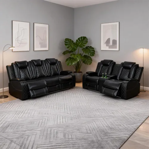 Vista 9 de Juego de sillón reclinable eléctrico + sofá biplaza + sofá, juego de sofá reclinable eléctrico con iluminación LED, cuero transpirable, cubos