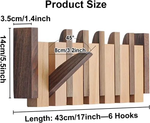 Vista 4 de Perchero de Pared de Madera, Perchero de Pared de Madera con 6 Ganchos Magnéticos Abatibles Piano Perchero de Pared para Entrada, Baño, Dormitorio