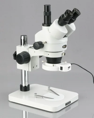 Vista 2 de AmScope SM-1TSZZ-144S Microscopio profesional de zoom estéreo trinocular, WH10x y WH20x, aumento de 3.5X-180X, objetivo de zoom 0.7X-4.5X, anillo