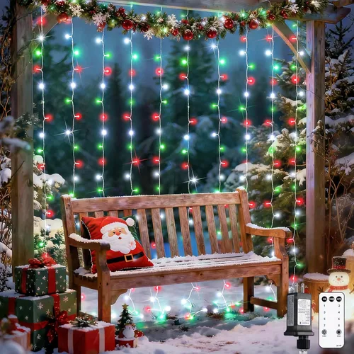 Vista 17 de JMEXSUSS - Cadena de luces de Navidad rojas y blancas de 300 LED con control remoto, luces de cortina de Navidad de 9.8x9.8 pies, enchufe, 8 modos