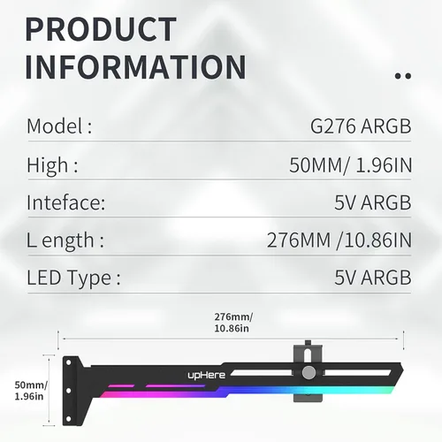 Vista 5 de upHere Soporte de tarjeta gráfica RGB direccionable de 5 V y 3 pines, soporte para tarjeta de vídeo, tira ARGB integrada de 5 V, soporte de longitud