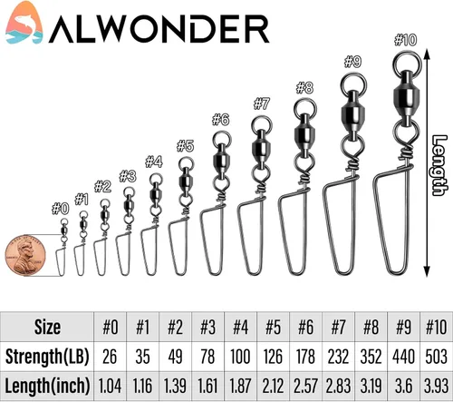 Vista 2 de Alwonder Giratorios a presión de pesca, rodamiento de bolas de alta resistencia con cierre de acero inoxidable Coastlock Snap 26-503 libras