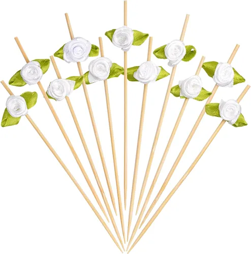 Vista 15 de Minisland Palillos de cóctel de flores de rosas multicolores, palillos de bambú de 4.7 pulgadas de largo para aperitivos, despedida de soltera