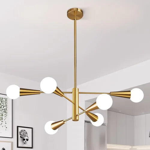Vista 10 de KAISITE - Candelabro Moderno Sputnik - Candelabro de 6 Luces con Ajuste de Altura, Acabado en Negro y Oro para Cocina, Dormitorio y Vestíbulo
