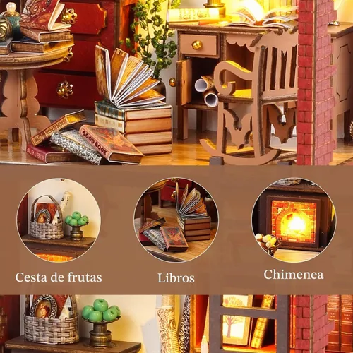 Vista 2 de RONSTONE - Kit de rincón de libros para adultos, Martin's Bookstore DIY kit de casa en miniatura con luz LED, rompecabezas 3D de madera, decoración