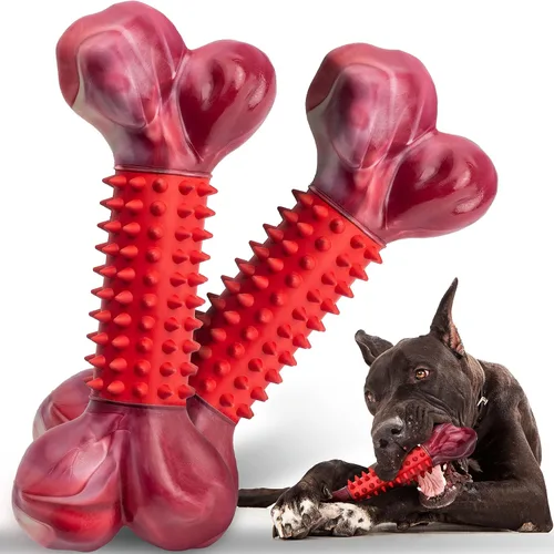 Vista 19 de Apasiri Juguetes resistentes para perros masticadores agresivos de raza grande, hueso para masticar con sabor a tocino, juguete masticable de nailon