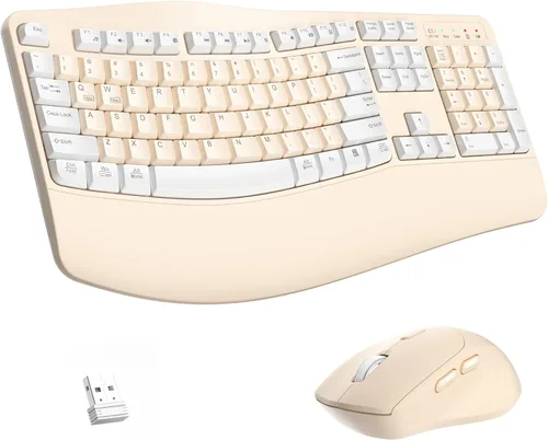 Vista 14 de Combo de teclado y mouse inalámbricos, teclas onduladas de tamaño completo 2.4G, teclado ergonómico con reposamuñecas para escritura natural, mouse
