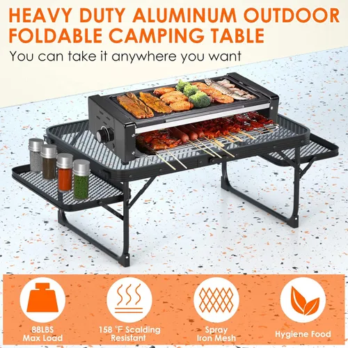 Vista 3 de KOCASO Mesa de parrilla, mesa de camping plegable con 2 paneles de alas, mesa de picnic portátil, mesa de metal con asa de transporte y soporte