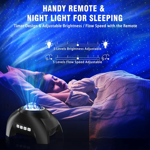 Vista 4 de Proyector Aurora Northern Lights para dormitorio con altavoz Bluetooth de música y ruido blanco, proyector de galaxia, proyectores de luz nocturna