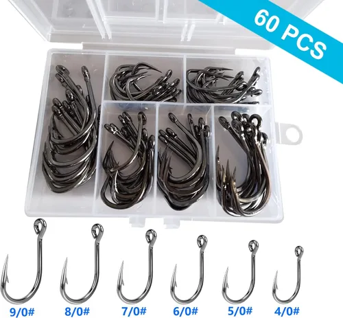 Vista 2 de 60PCS/Box DERKERL - Anzuelos de pesca extra fuertes, ganchos de pesca de acero inoxidable, 6 tamaños: 4/0 5/0 6/0 7/0 8/0 9/0 #