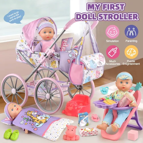 Vista 2 de Juego de Cochecito de Muñeca para Niñas Pequeñas de 3-5, 4-6, 5-7 Años para Jugar a la Casita. Juguete de Cochecito con Muñeca de Bebé de 12.5