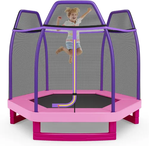 Vista 12 de GYMAX Trampolín para niños, cama elástica de 7 pies con red de seguridad y almohadilla de resorte sin costuras, trampolín pequeño de alta