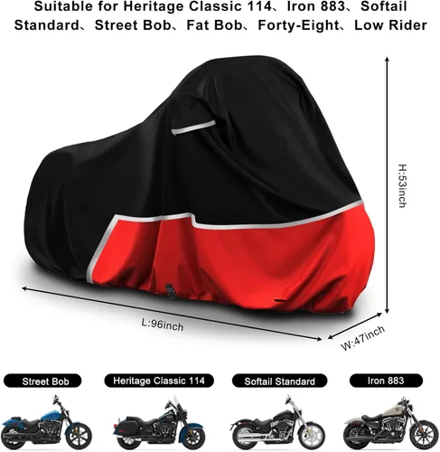 Vista 2 de Cubierta impermeable para motocicletas de repuesto para modelos Harley Davidson Cruiser, tela Oxford 420D Softail, Dyna, Iron 883, Fat Boy 114