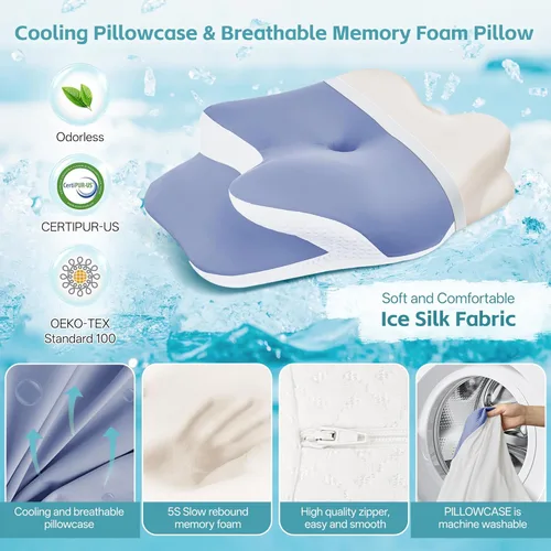 Vista 6 de Almohada cervical para el alivio y soporte del dolor de cuello - Almohada de espuma viscoelástica ergonómica refrescante con contorno de doble