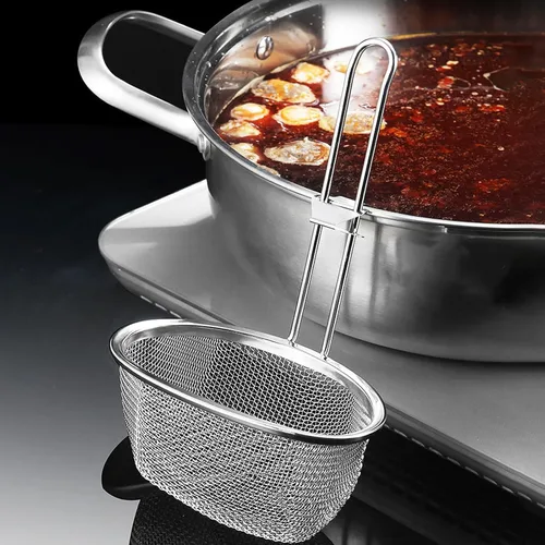 Vista 7 de Hemoton Cuchara coladora de olla caliente de acero inoxidable de 9.64 x 5.51 pulgadas, cuchara ranurada de malla fina con mango para colgar