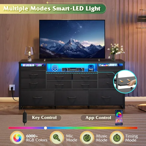 Vista 3 de WLIVE Soporte de TV negro para TV de 55, 60, 65 pulgadas, centro de entretenimiento con luces LED y estación de carga, mesa consola de TV con 13