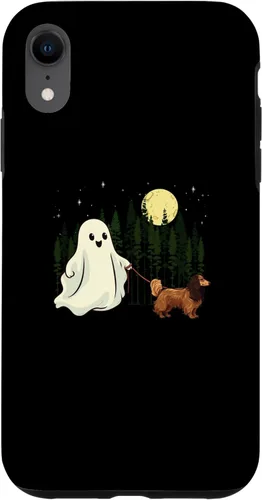 Vista 8 de iPhone 14 - Carcasa divertida para niños con diseño de perro salchicha caminando fantasma Halloween